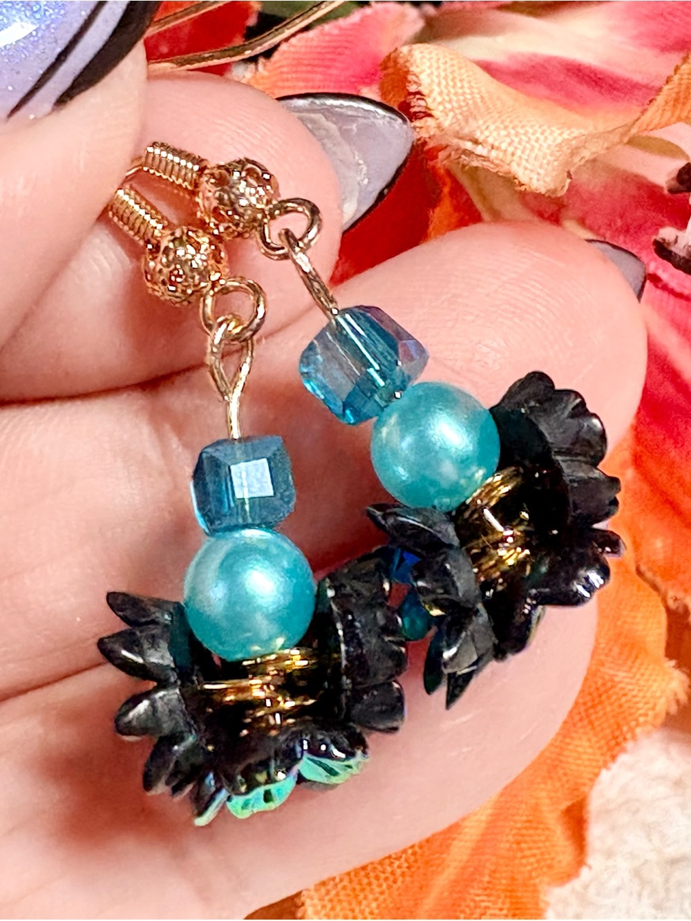 Handcrafted Blue Teal Floral Cluster earring - handmade